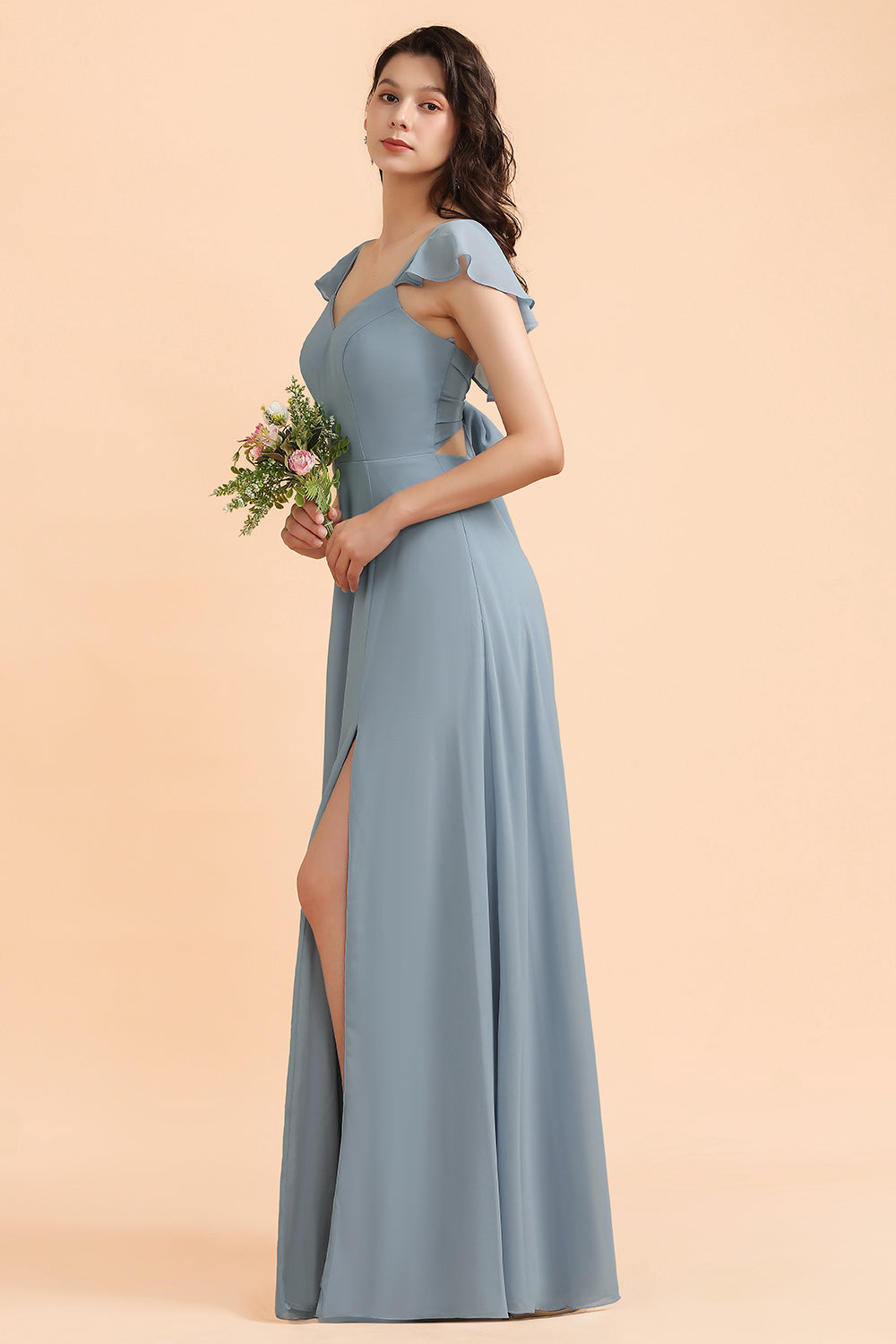 Fashion Dusty Blue Chiffon Sweetheart Slit Bridesmaid Dresses with Ruffles - Fashionpara