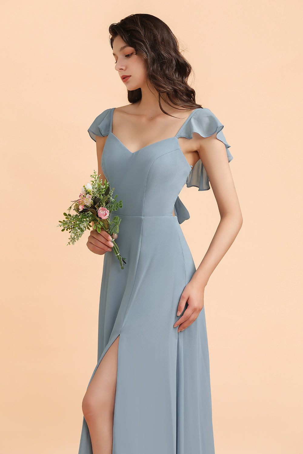 Fashion Dusty Blue Chiffon Sweetheart Slit Bridesmaid Dresses with Ruffles - Fashionpara