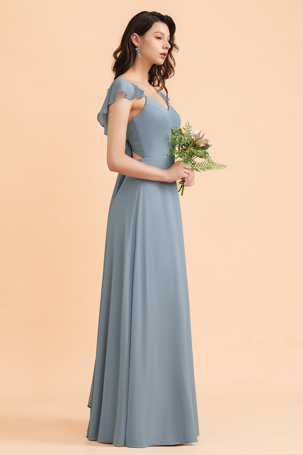 Fashion Dusty Blue Chiffon Sweetheart Slit Bridesmaid Dresses with Ruffles - Fashionpara