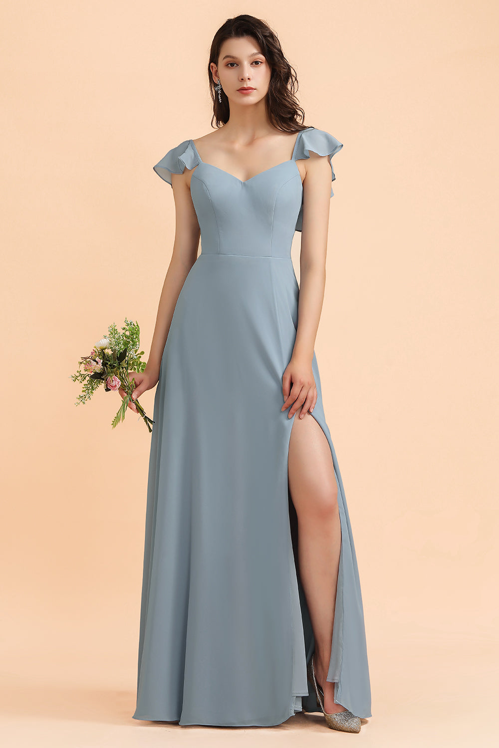 Fashion Dusty Blue Chiffon Sweetheart Slit Bridesmaid Dresses with Ruffles - Fashionpara
