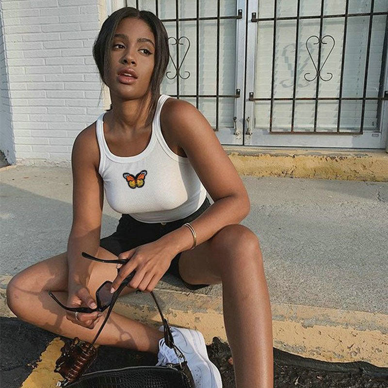 Fashionable Ribbed Butterfly Print Sleeveless Cropped Tank Top - White - Fashionpara
