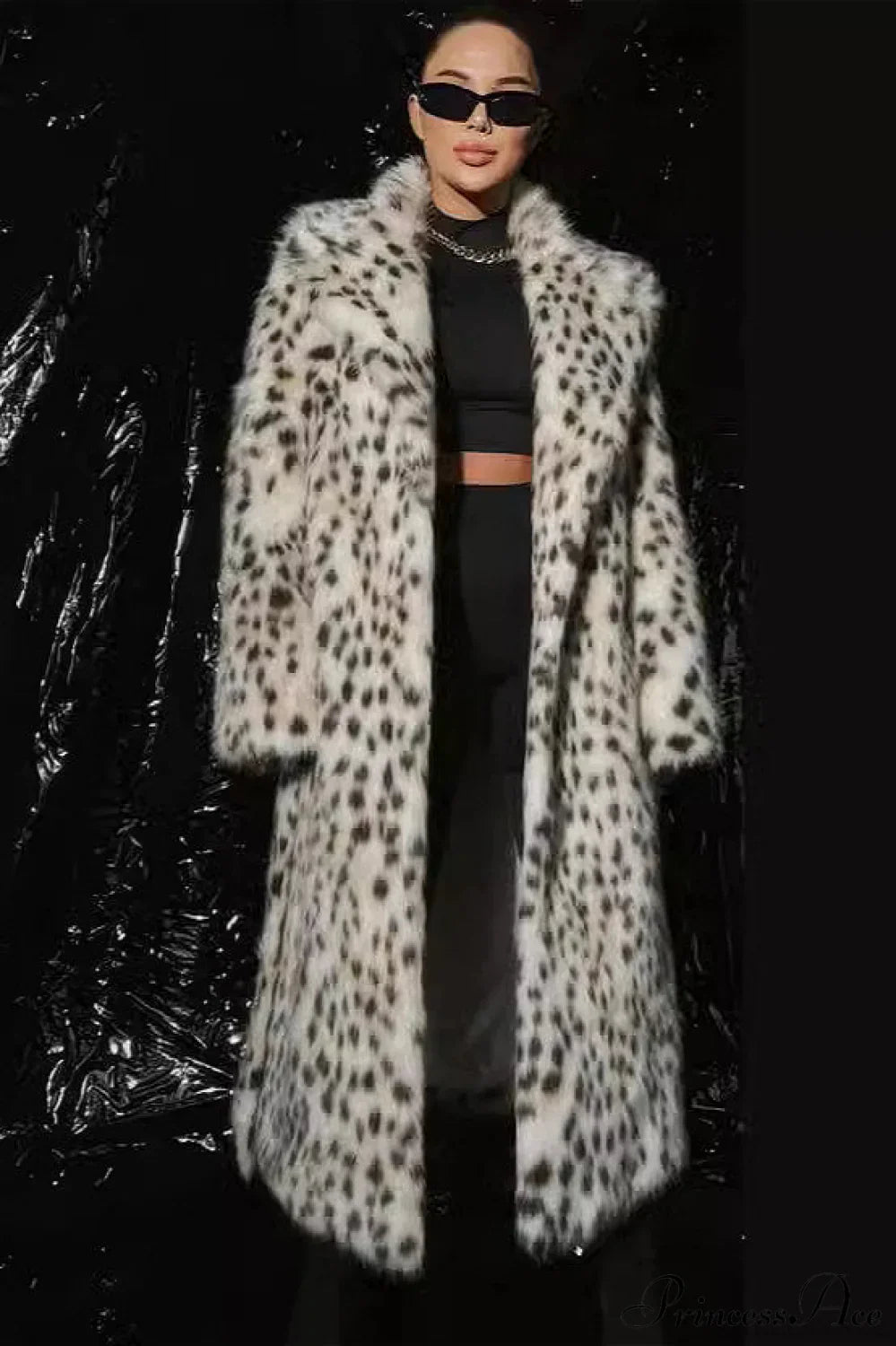 Leopard Print Faux Fox Fur Long Lapel Overcoat for Elegance