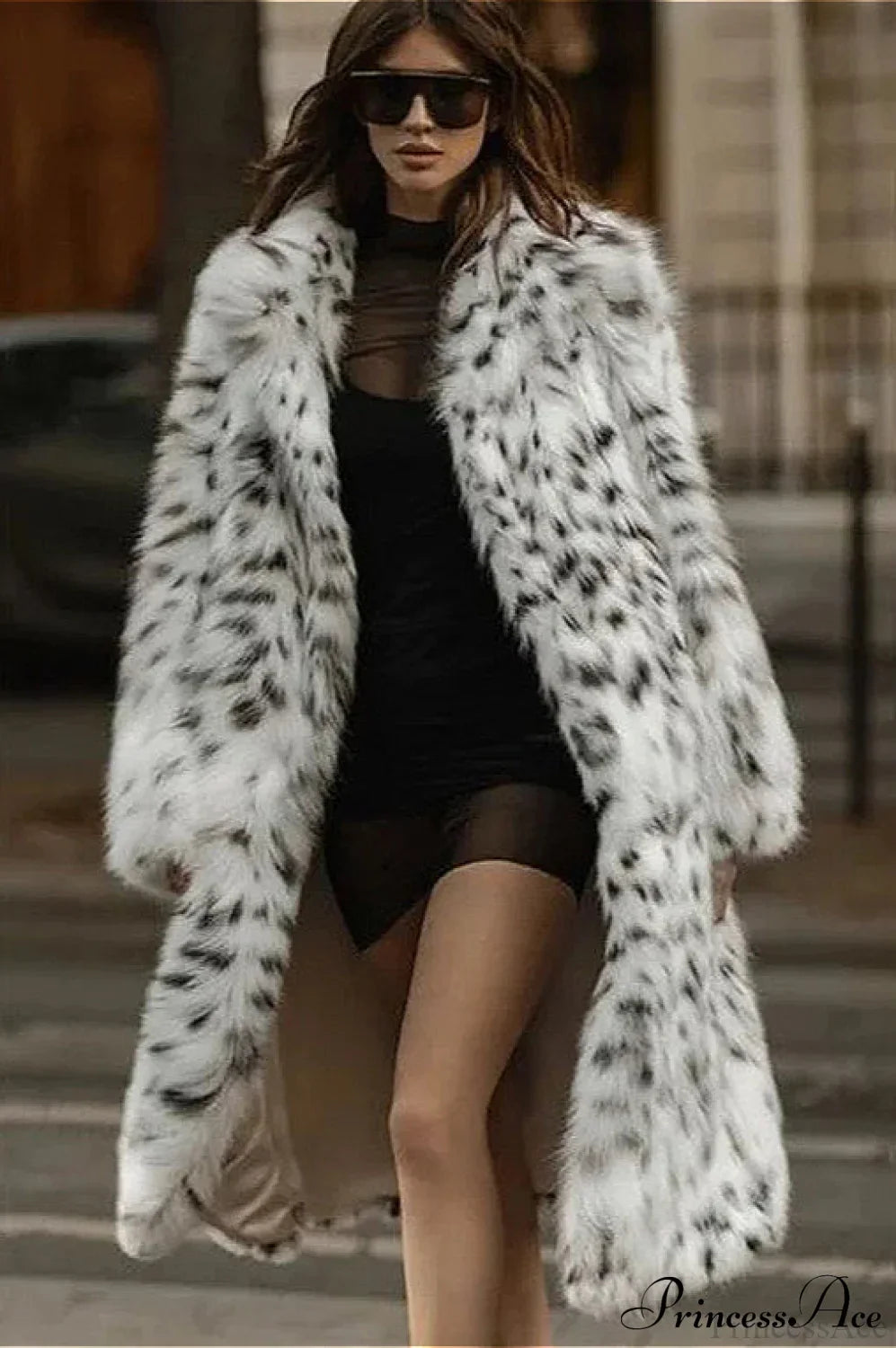 Faux Fox Fur Leopard Print Long Lapel Overcoat White / S