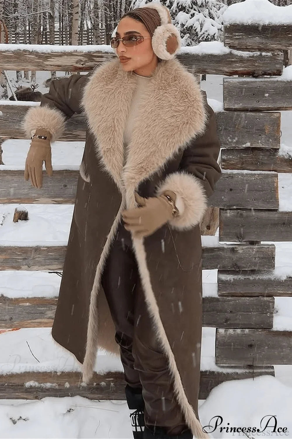 Faux Fur Reversible Long Collared Overcoat Brown / S