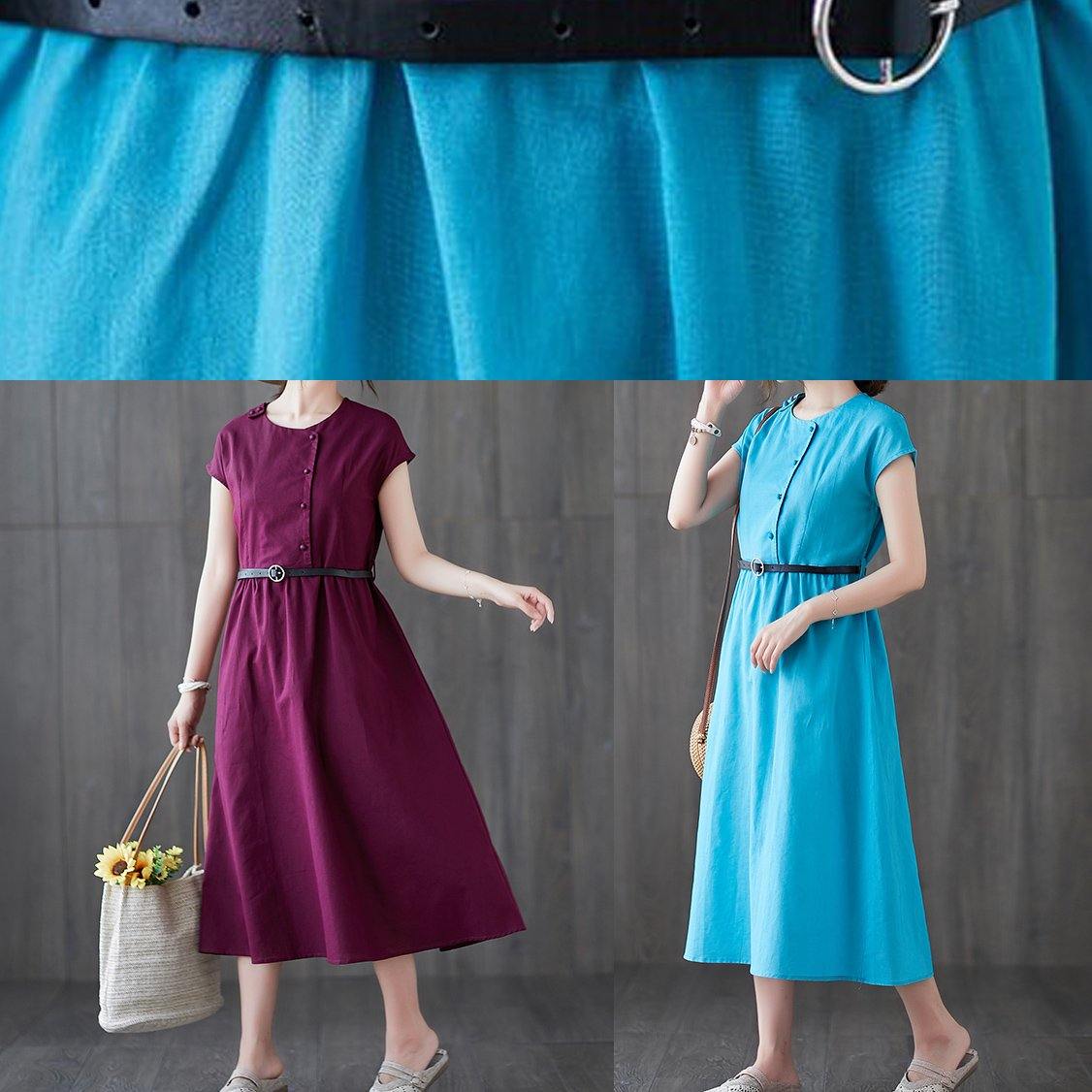 Round Neck Cap Sleeve Asymmetric Button Belted A-Line Midi Dress - View 5