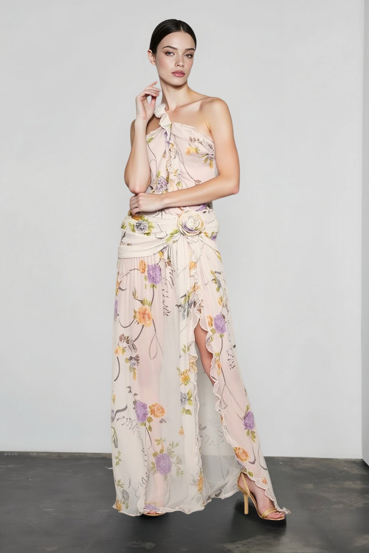 Floral Print One-Shoulder Rosette Ruffle Maxi Dress