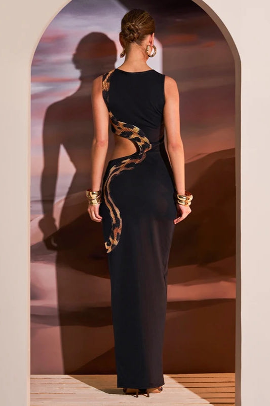 Snake Print High Neck Cutout Side Slit Maxi Gown