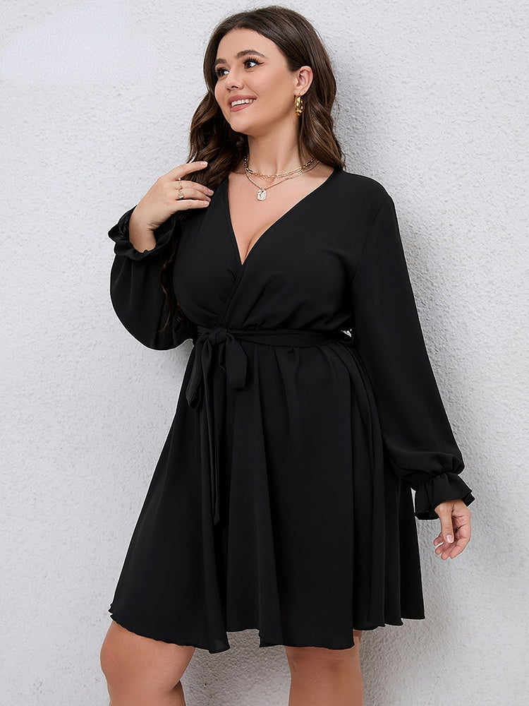 Chiffon Surplice Long-Sleeve Tie-Waist Flared Mini Dress 4