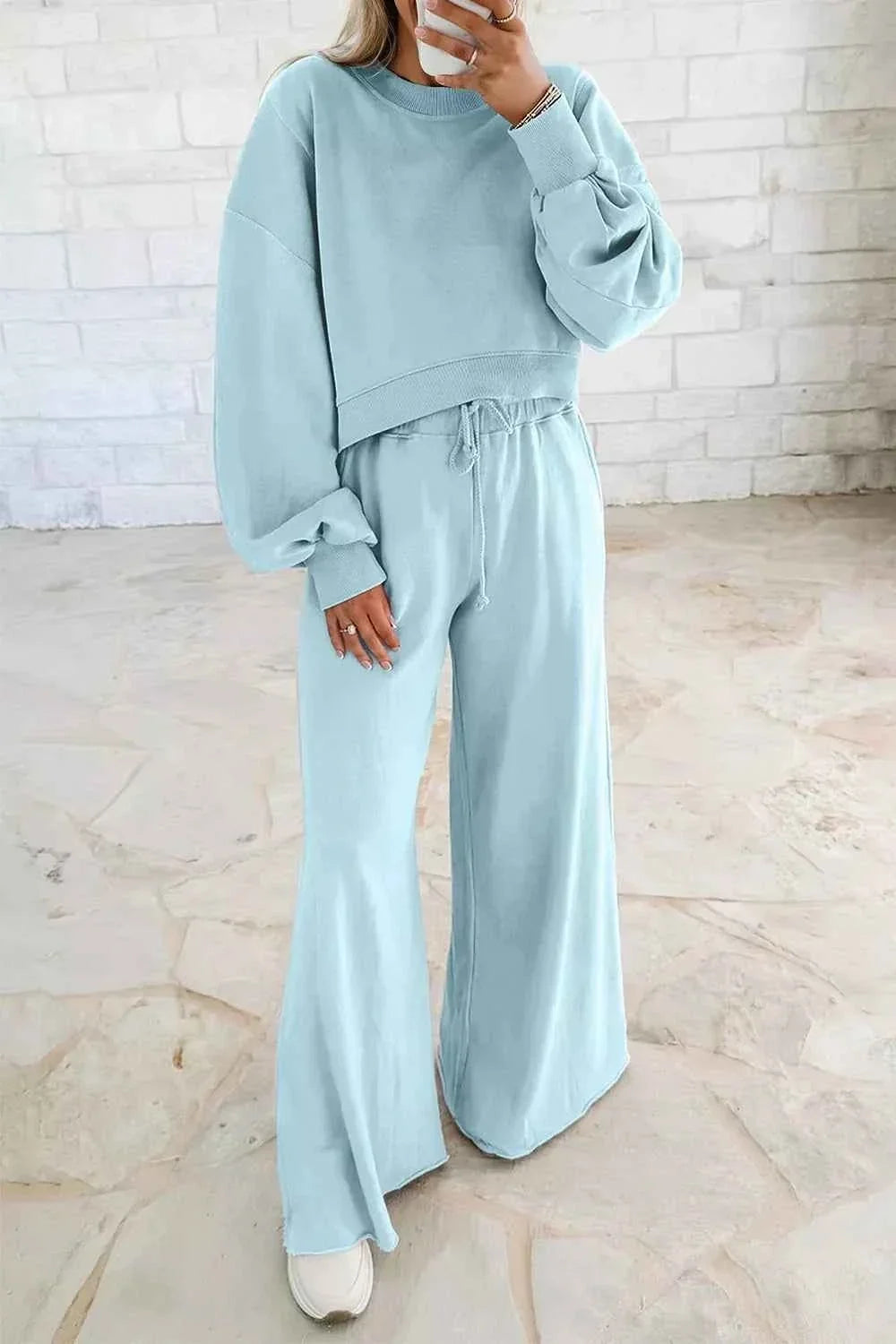 Drop Shoulder Puff Sleeve Crop Pullover Drawstring Wide