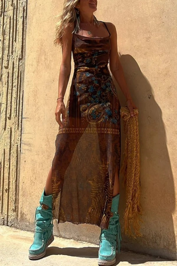 Backless Lace Up Fringe High Split Boho Maxi Dress - View 3