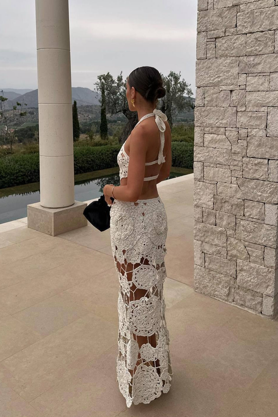 Crochet Halter Neck Cut Out Fishtail Maxi Dress 2