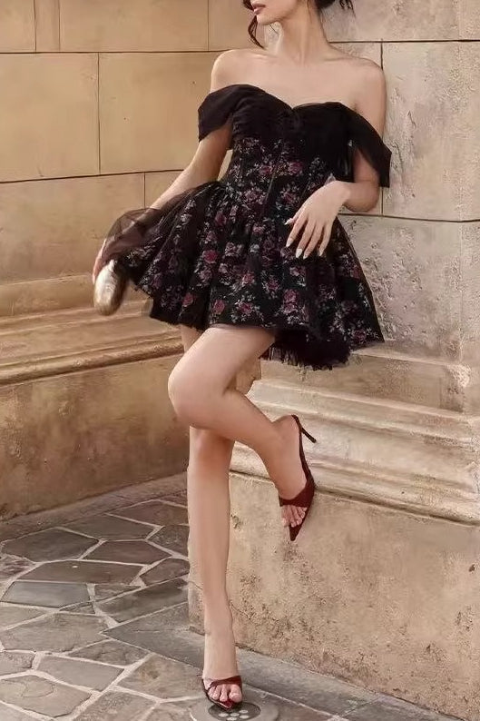 Off Shoulder Bubble Sleeve Floral Mini Dress - View 4