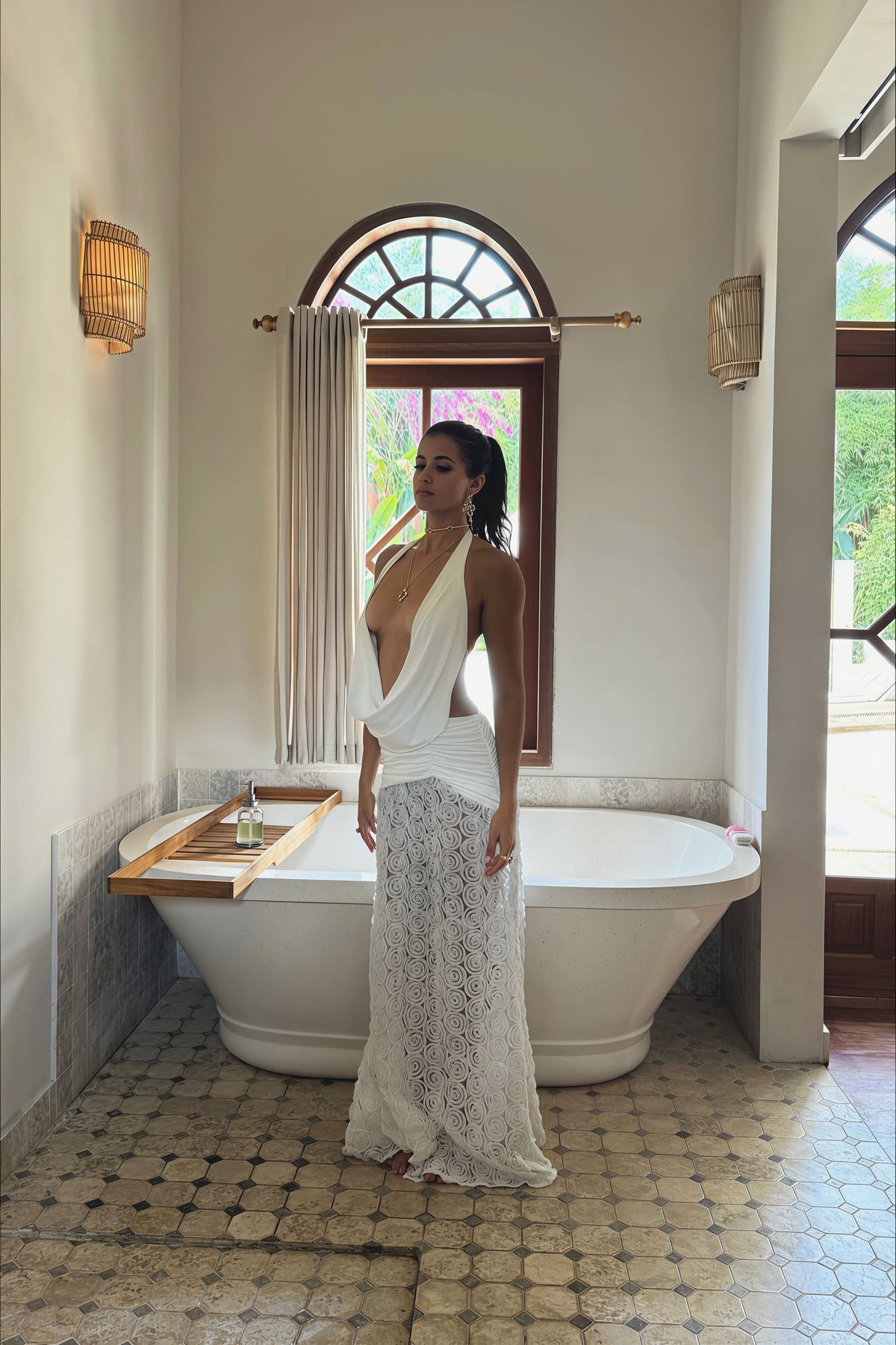 3D Rosette Draped Cowl Neck Backless Maxi Gown 3