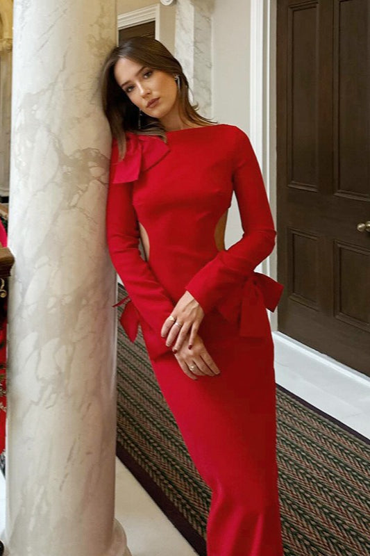 Bow-Detail Cutout Long Sleeve Mermaid Maxi Dress 6