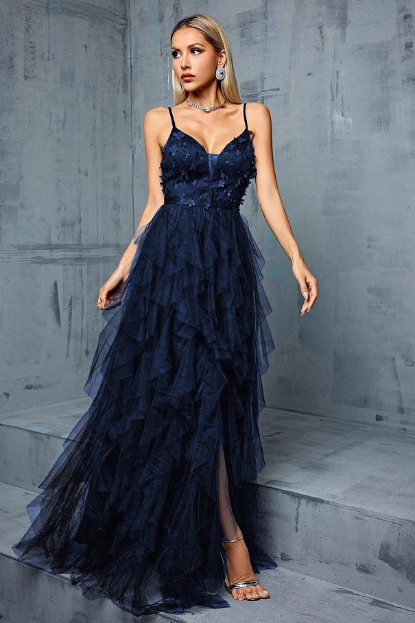 Spaghetti Strap V-Neck Floral Applique Tiered Maxi Prom Gown