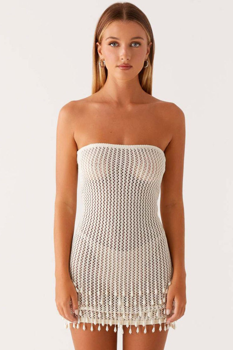 Crochet Knit Strapless Fringe Mini Dress 3