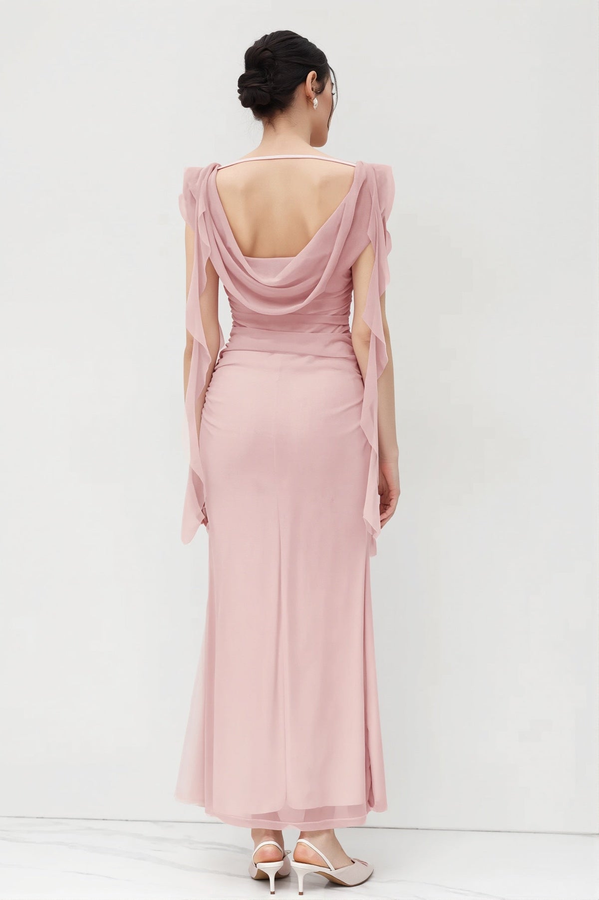 Chiffon Cowl Neck Ruffle Sleeve Mermaid Gown