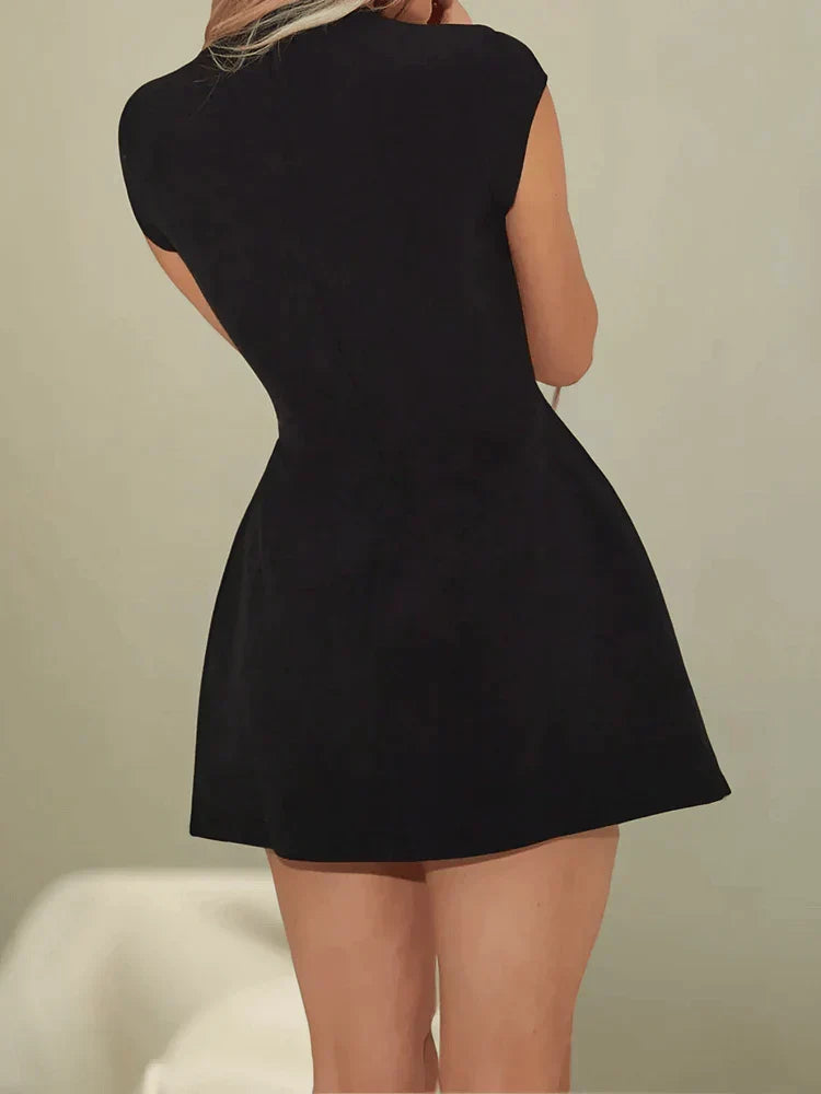 High Neck Cap Sleeve Flap Pocket Structured Skater Mini Dress - View 2