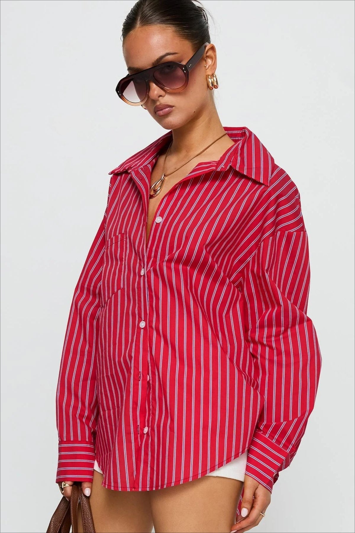 Oversized Red Stripe Long Sleeve Button Blouse