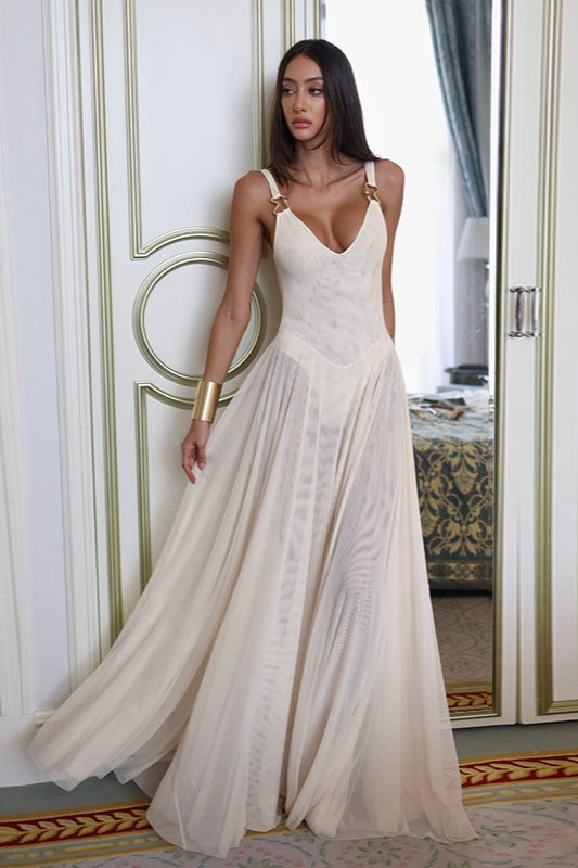 V-Neck Corset Tulle Ring-Strap A-Line Maxi Gown