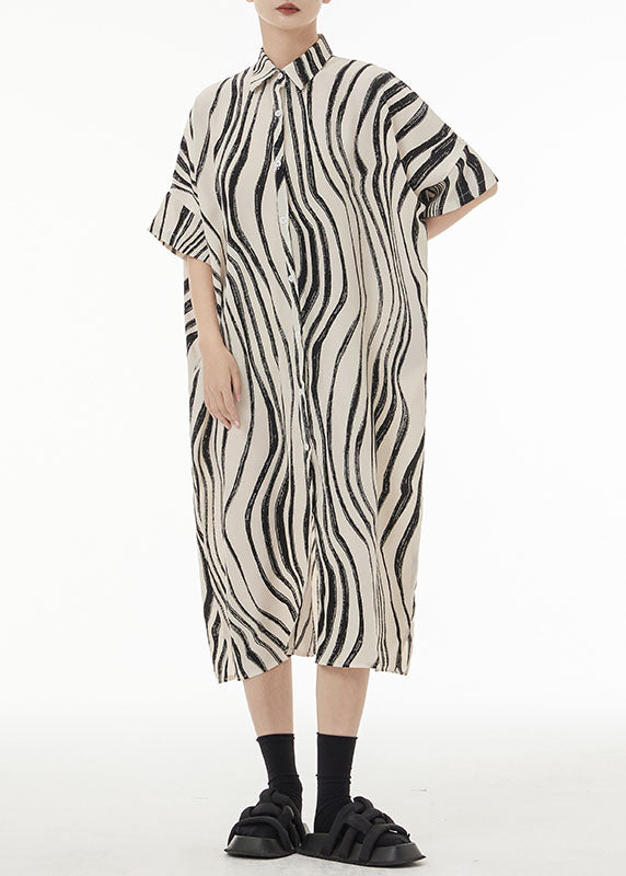 Oversized Button Front Short Sleeve Abstract Stripe Shirt Midi Dress