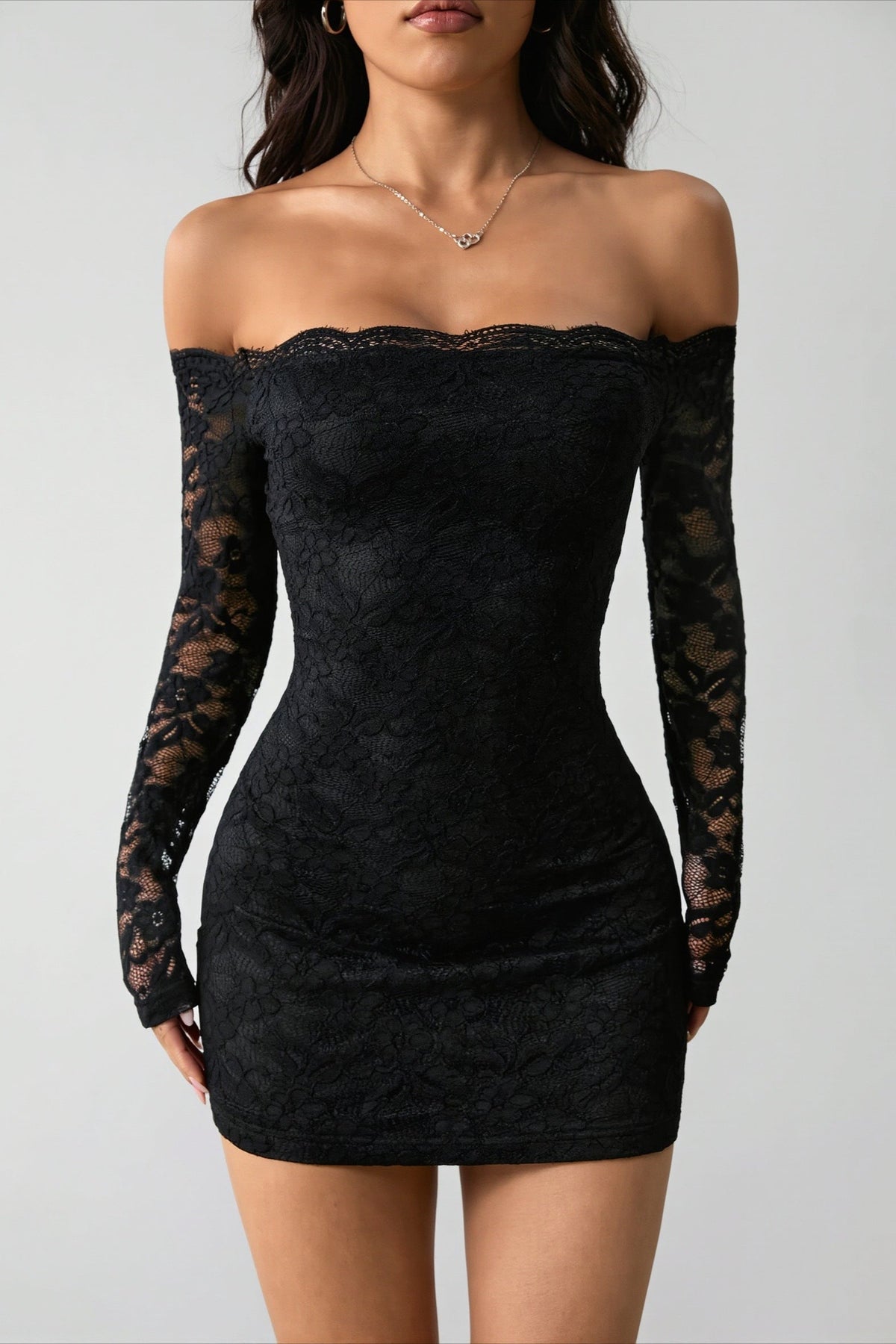 Floral Lace Off-Shoulder Long Sleeve Bodycon Mini Dress