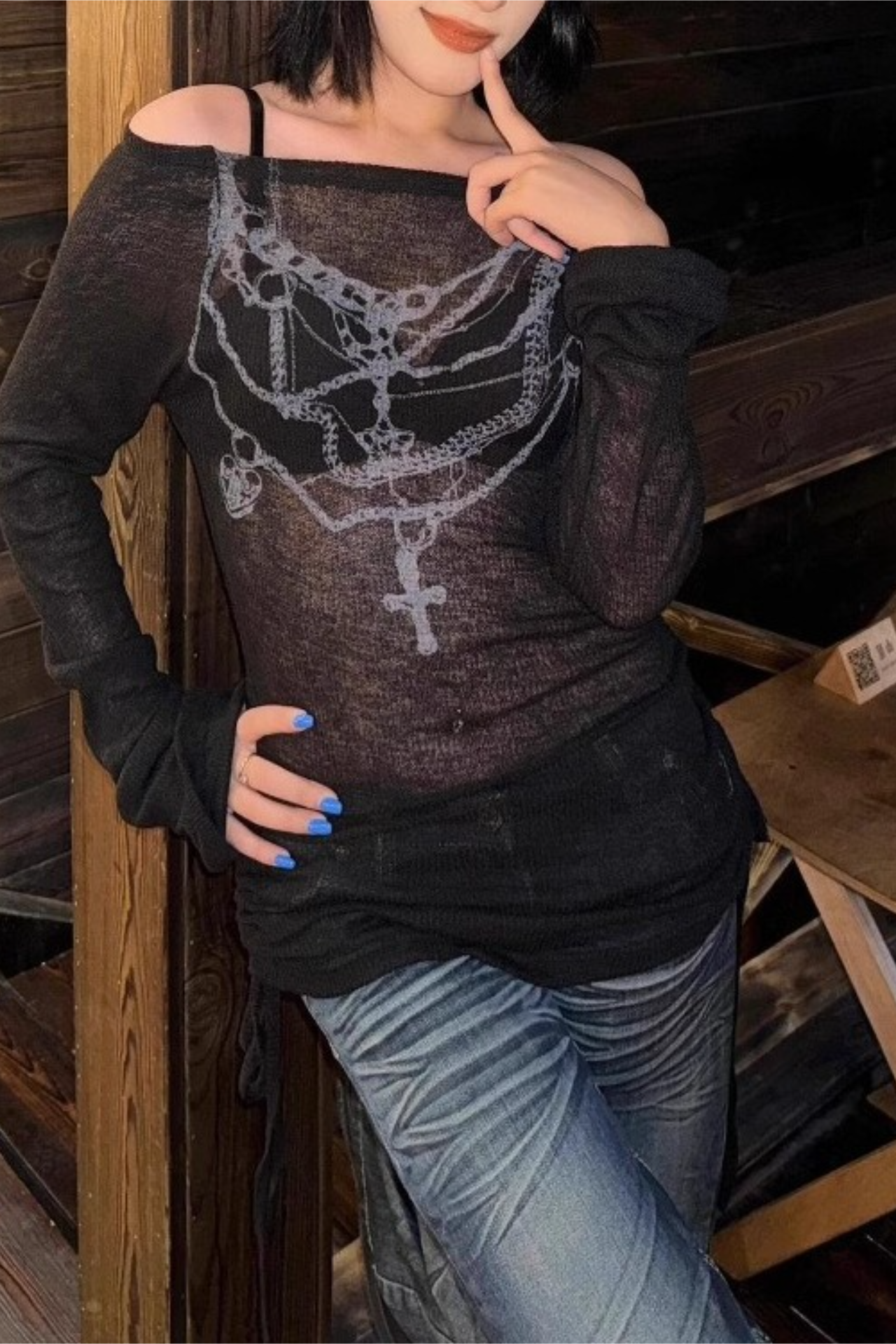 Necklace Print Slim Retro Long Sleeve Crop Top - Fashionpara