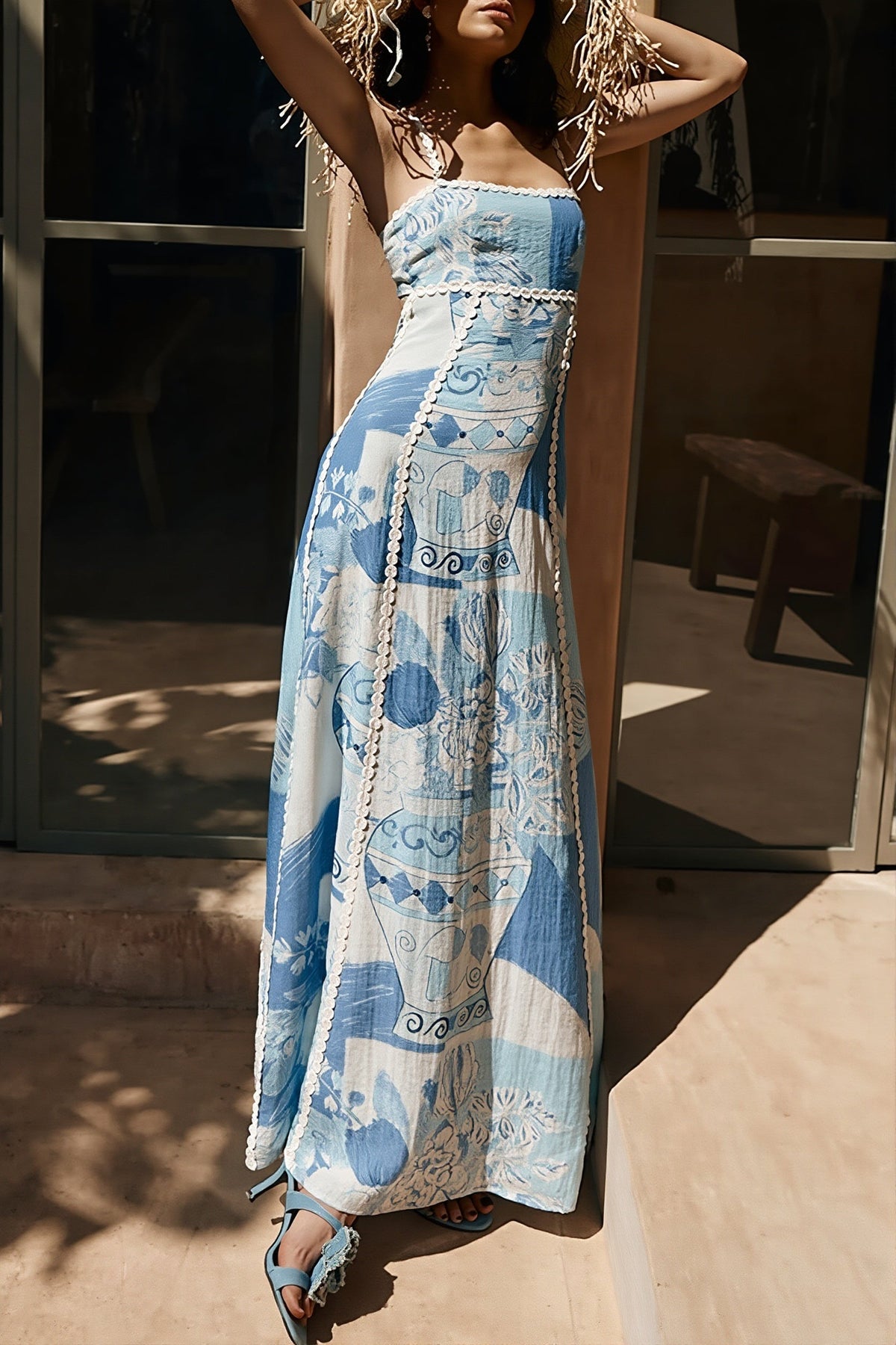 Vase Print Strapless Crochet Trim Maxi Dress