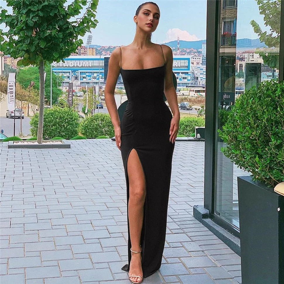 Satin Spaghetti Strap Backless High Slit Maxi Dress 3