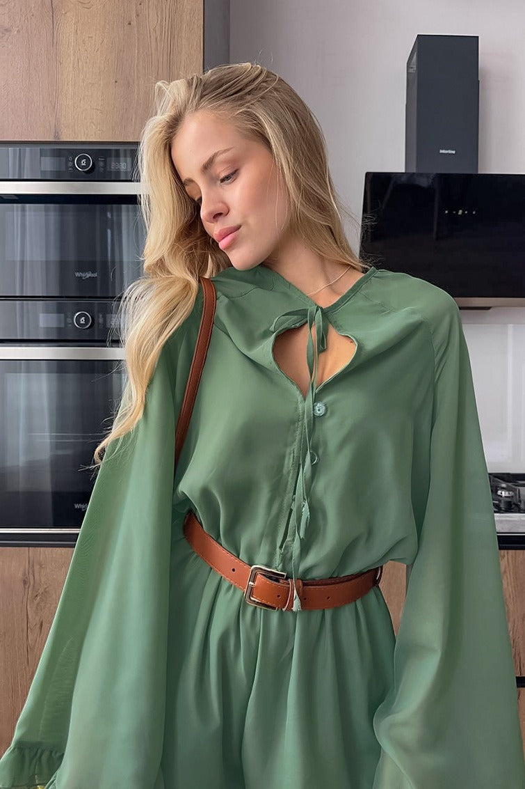 Vintage Lace Up Sleeve Ruffle Mini Dress