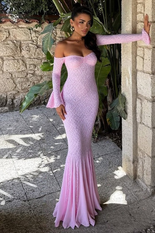 Sequin Off Shoulder Long Sleeve Mermaid Prom Gown - View 2