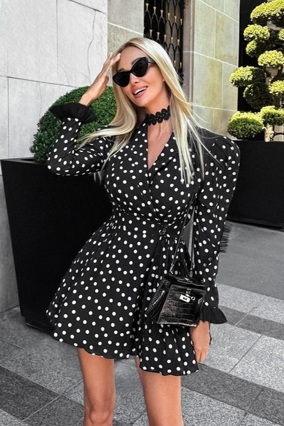 Vintage Polka Dot V-Neck Puff Sleeve A-Line Mini Dress