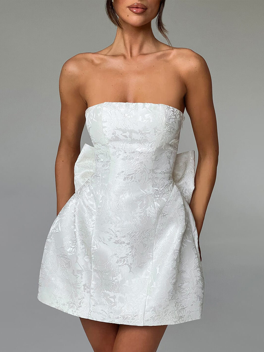 Jacquard Floral Strapless Back Bow Structured A-Line Mini Dress