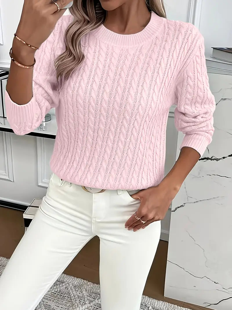 Crew Neck Long Sleeve Cable Knit Sweater 12