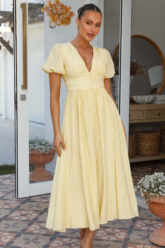 V-Neck Puff Sleeve Button-Front Ruched A-Line Maxi Dress 3