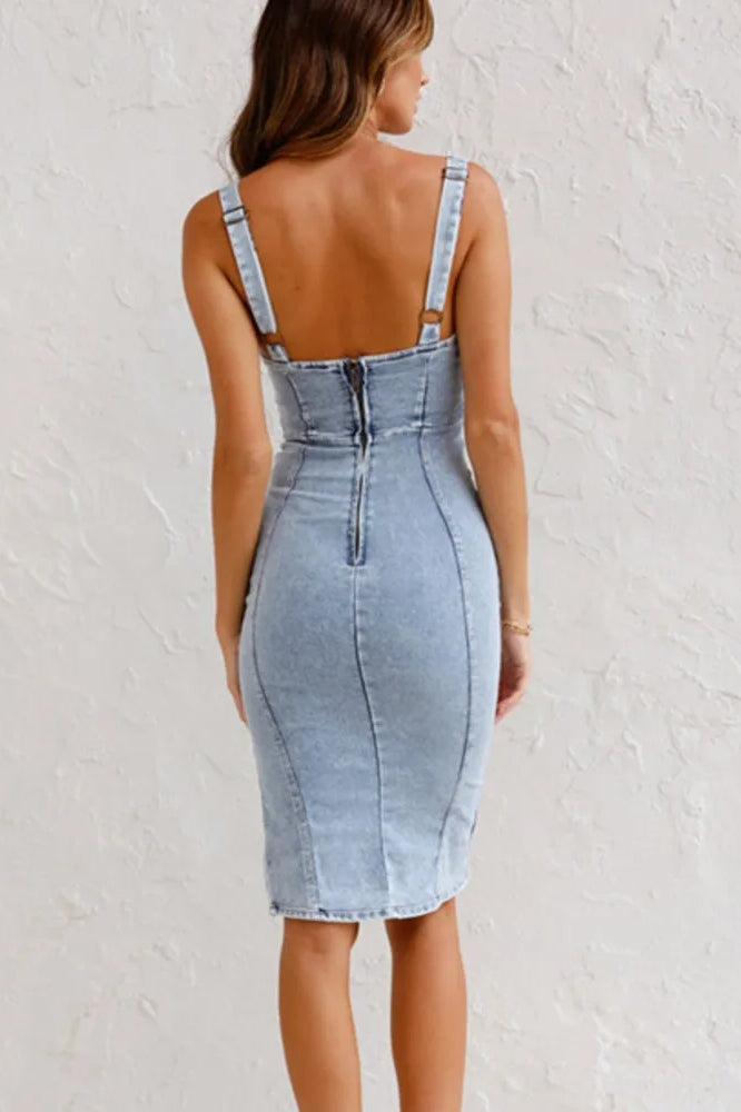 U Neck Halter Denim Midi Dress