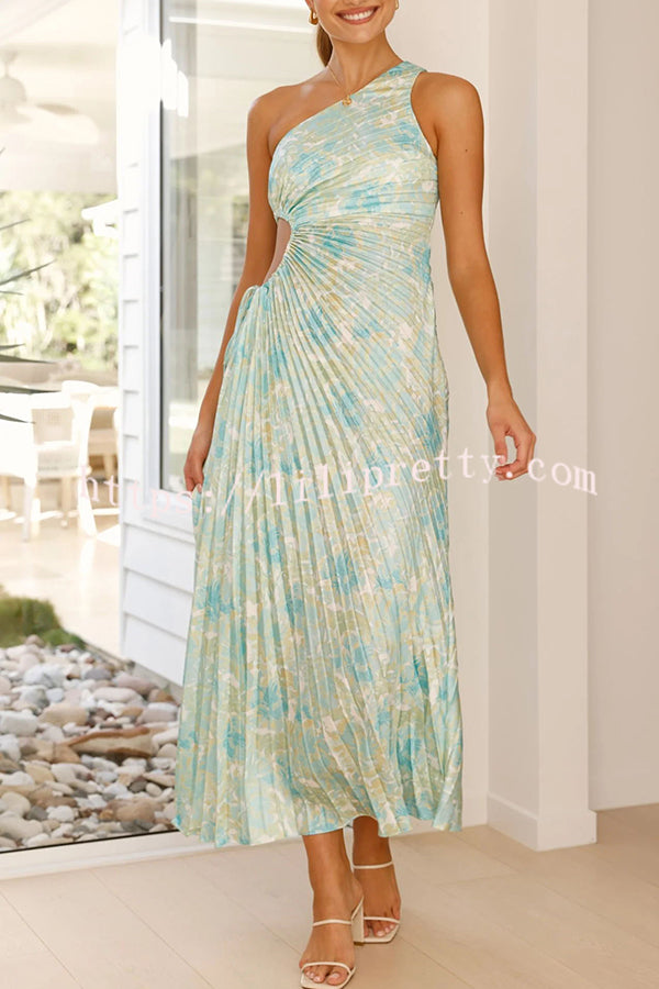 Laken Floral Print One Shoulder Adjustable Tie Cutout Pleated Maxi Dress - Fashionpara