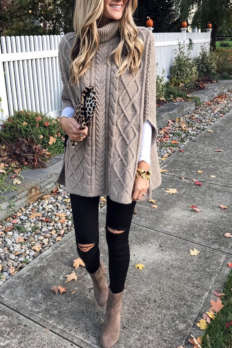 Turtleneck Loose Khaki Poncho Sweater (4 Colors)  Fashionpara