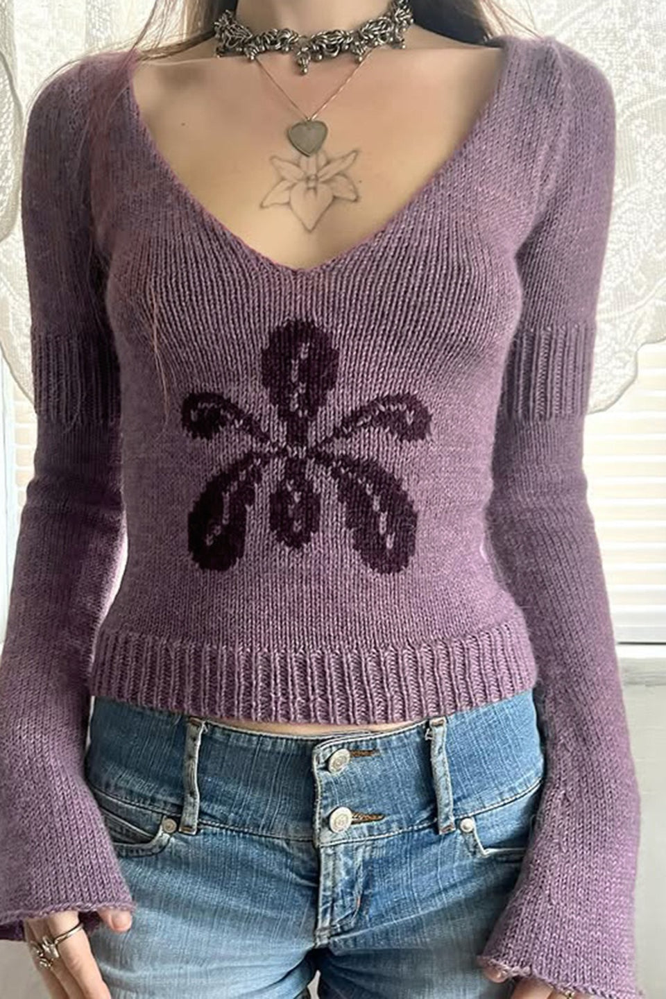Floral Knit V Neck Cropped Sweater