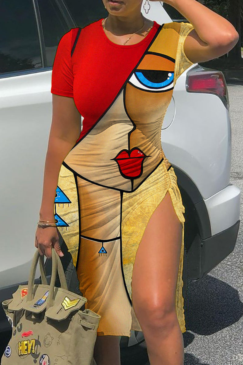 Fashion Casual Print Draw String Frenulum Slit O Neck Short Sleeve Dress Fashionpara