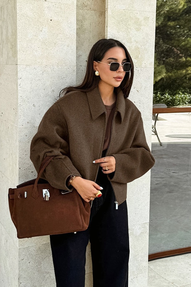Collared Zip Front Wool Blend Jacket 7