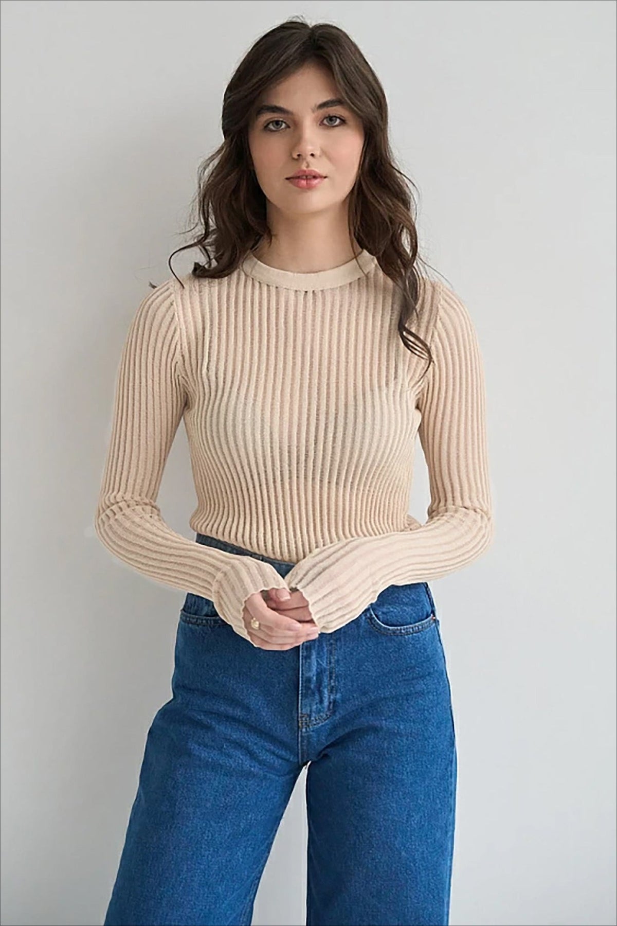 Ribbed Openwork Crew Neck Knit Sweater 9