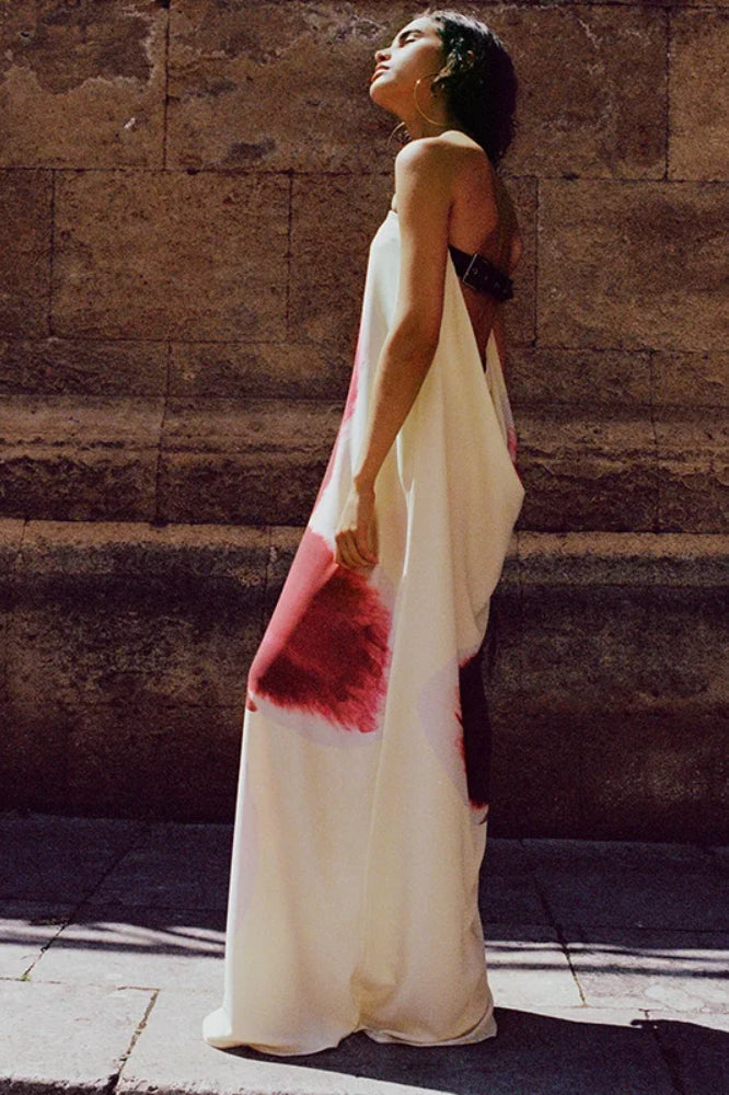 Abstract Print Strapless Satin Slip Maxi Dress