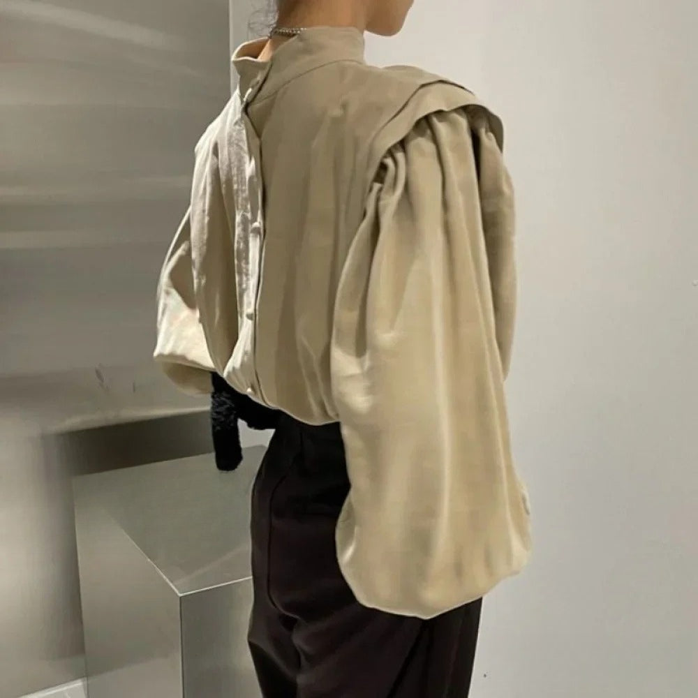 Black Lantern Sleeve Button-Up Blouse - Fashionpara