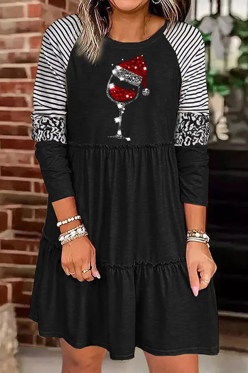 Christmas Wine Glass Print Long Sleeve Dress - Fashionpara