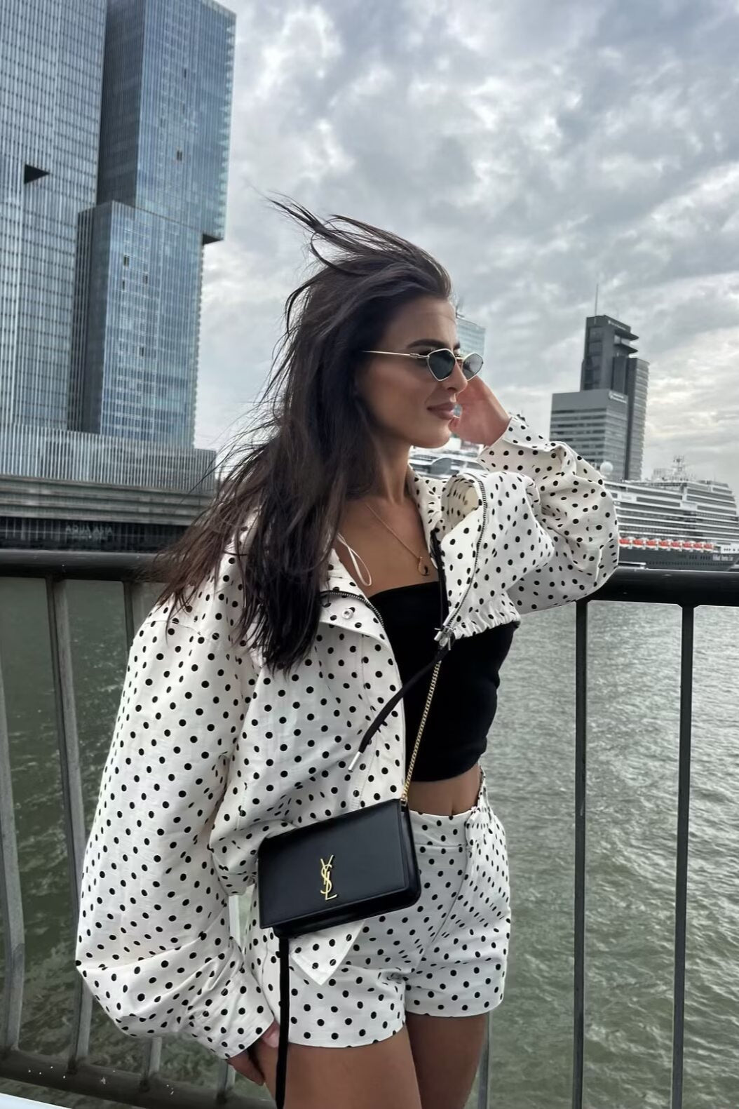 Polka Dot Drawstring Top Two Pieces Set - Fashionpara