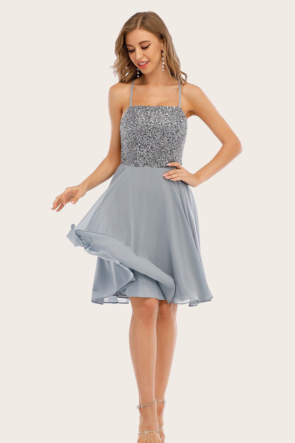 Grey Beaded Short Homecoming Dress - Fashionpara