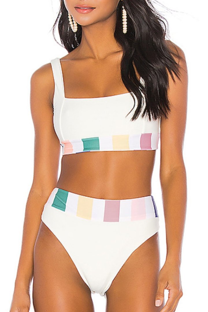 Bandeau Color-lump Patchwork White Bikini Set - Fashionpara