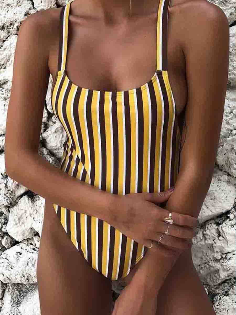 Striped Yellow One-piece Swimsuit - Fashionpara