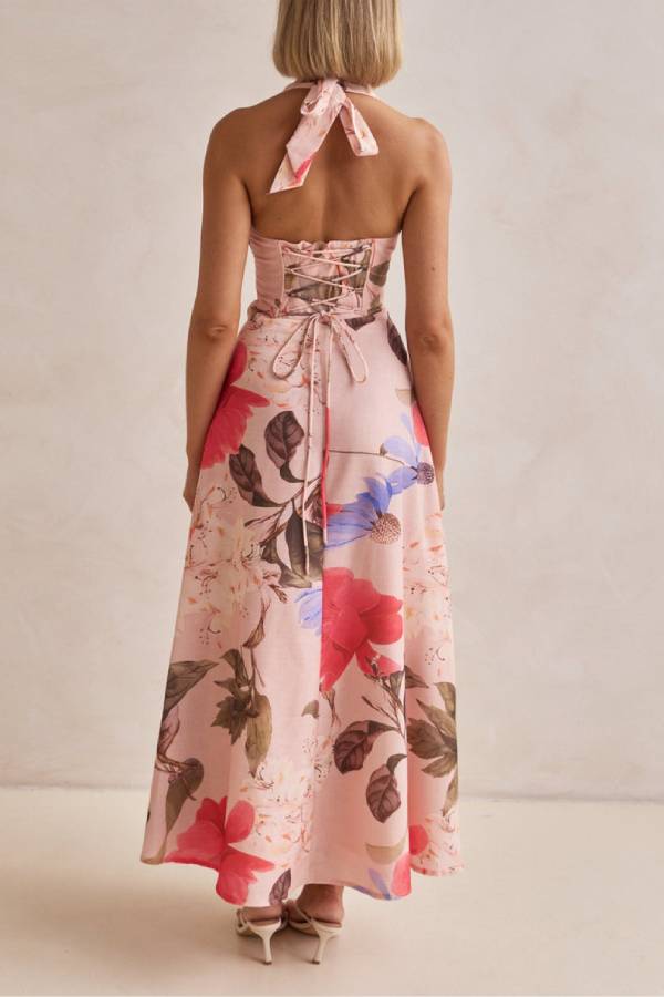 Terez Linen Blend Floral Print Halter Backless Tie-up Maxi Dress - Fashionpara